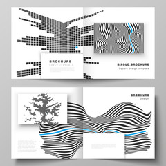 The vector illustration layout of two covers templates for square design bifold brochure, magazine, flyer, booklet. Abstract big data visualization concept backgrounds with lines and cubes.