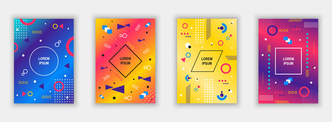 Wall Mural - Set of modern memphis style covers. Colorful geometric background can be used brochure design, flyer, web banner, ads poster, magazine, flat cover for web. Vector illustartion.