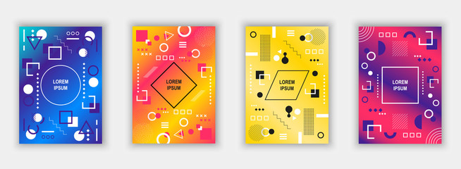 Aufkleber - Set of modern memphis style covers. Colorful geometric background can be used brochure design, flyer, web banner, ads poster, magazine, flat cover for web. Vector illustartion.