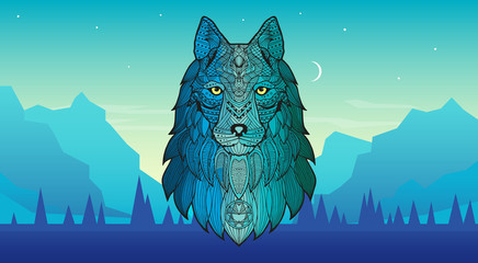 Patterned head of a wolf, coyote, dog against the backdrop of mountains, forests. Series of animals in the ethnic style. Stylized colorful wolf portrait on background.