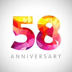 Wall Mural - 58 th anniversary numbers. 58 years old facet logotype. Age congrats, congratulation idea. Isolated abstract graphic design template. Creative 5, 8 3D yellow red digits. Up to 58% percent off discount
