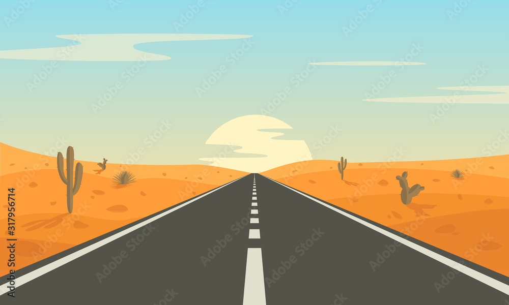 Road in the desert. Asphalt highway with markings in the countryside. - obrazy, fototapety, plakaty 
