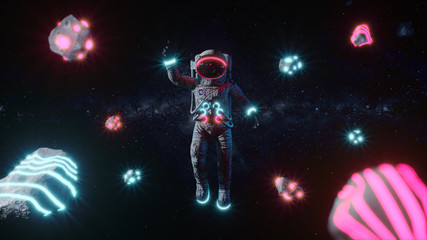 Wall Mural - Astronaut With Neon Lights Asteroids In Space. Space Background. Retro Dance Party. 3d Illustration