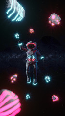 astronaut with neon lights asteroids in space. space background. retro dance party. 3d illustration