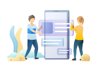 Mobile app UI development flat vector illustration. Professional graphic designers working together cartoon characters. Phone application user interface creation. Software engineering, teamwork.