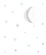 Cute Night Sky With Blue And Gray Stars And Moon. Lovely Nursery Art Starry Sky. Funny Illustration For Card, Wall Art, Poster, Invitation, Baby Shower, Boys And Girls Room Decoration.