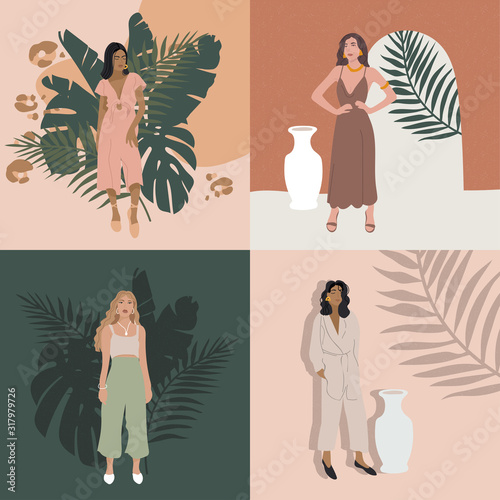 Cuadros en Lienzo Vector illustration fashion girls in modern outfits