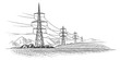 High voltage power line towers monochrome illustration. Electric transmission illustration. Vector. 