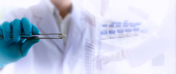 Wall Mural - quality control concept; the pharmacist is using tongs to bring the medicine to examined in the labo