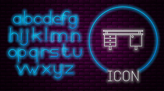 Glowing neon line Office desk icon isolated on brick wall background. Neon light alphabet. Vector Illustration