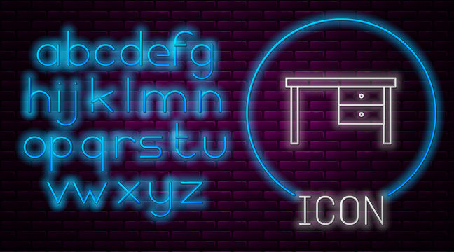 Glowing neon line Office desk icon isolated on brick wall background. Neon light alphabet. Vector Illustration