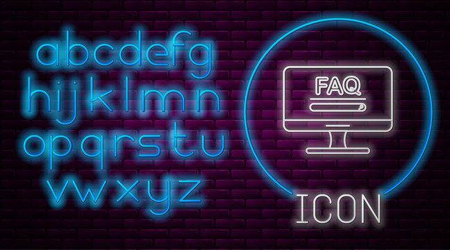 Glowing neon line Computer monitor with text FAQ information icon isolated on brick wall background. Frequently asked questions. Neon light alphabet. Vector Illustration