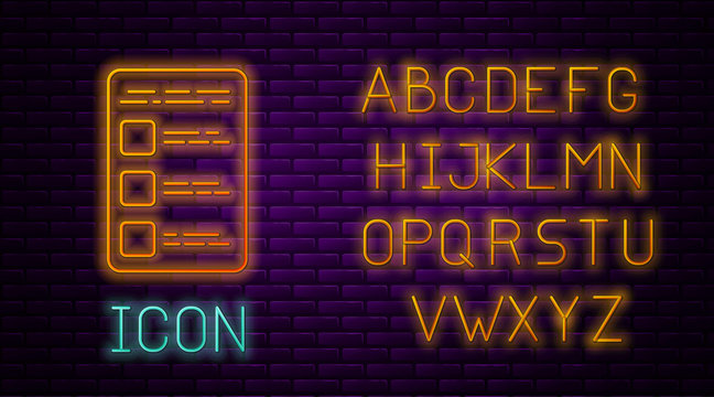 Glowing neon line Create account screen on mobile phone icon isolated on brick wall background. Neon light alphabet. Vector Illustration