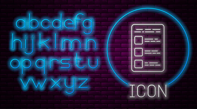 Glowing neon line Create account screen on mobile phone icon isolated on brick wall background. Neon light alphabet. Vector Illustration