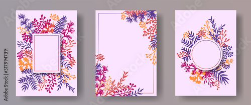 Watercolor herb twigs, tree branches, leaves floral invitation cards collecti...