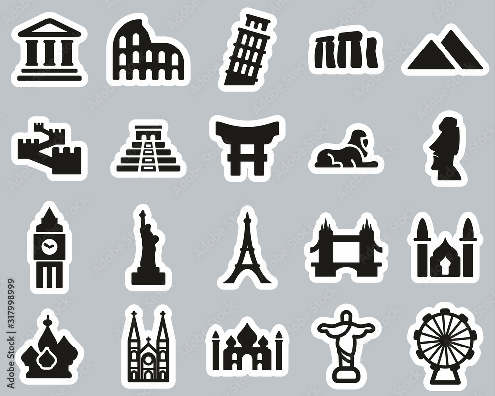 Landmarks Of The World Icons Black & White Sticker Set Big Stock Vector ...