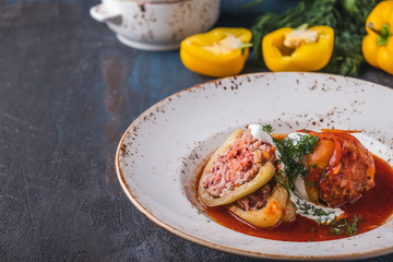 Sticker - Delicious stuffed peppers with meat on a plate with copy space. Diet and healthy food