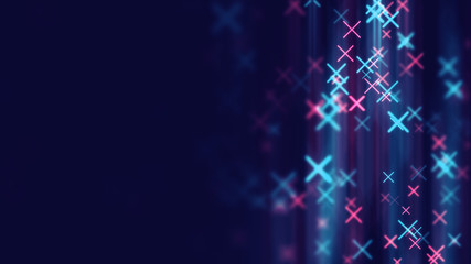Poster - game style motion background. cross glowing neon particles. blue and pink color.