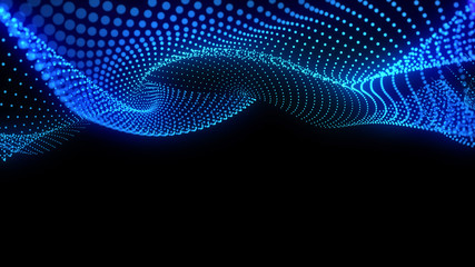 Fototapete - Bright wavy background. Glowing dots and lines. Neon light. Wave element for design. Smooth particle waves. Dynamic techno wallpaper. Blue color