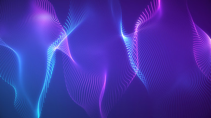 Poster - bright wavy background. glowing dots and lines. neon light. wave element for design. smooth particle