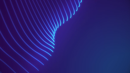 Fototapete - Bright wavy background. Glowing dots and lines. Neon light. Wave element for design. Smooth particle waves. Dynamic techno wallpaper. Blue color