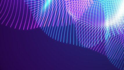 Poster - bright wavy background. glowing dots and lines. neon light. wave element for design. smooth particle