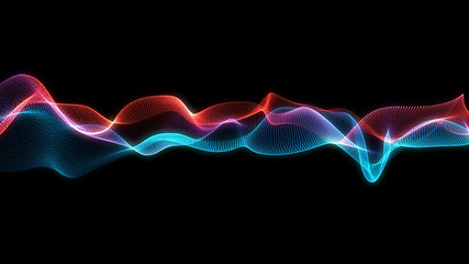 Poster - bright wavy background. glowing dots and lines. neon light. wave element for design. smooth particle