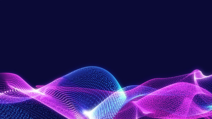 Poster - bright wavy background. glowing dots and lines. neon light. wave element for design. smooth particle