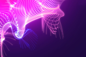 Poster - bright wavy background. glowing dots and lines. neon light. wave element for design. smooth particle