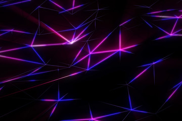 Fototapete - Neon futuristic wireframe surface. Triangula  glowing structure. Connected lines triangle technology construction. Wed design cover template. Abstract backround. Blue and violet colors