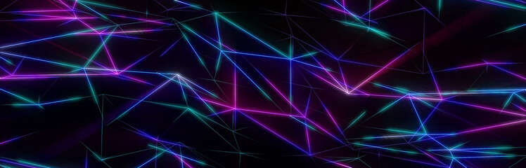 Fototapete - Neon futuristic wireframe surface. Triangula  glowing structure. Connected lines triangle technology construction. Wed design cover template. Abstract backround.Multicolored