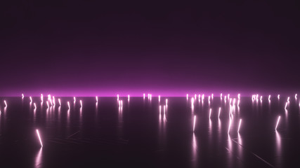 Poster - gaming concept. futuristic glossy black floor with glowing lines. glow neon sticks. violet light on 