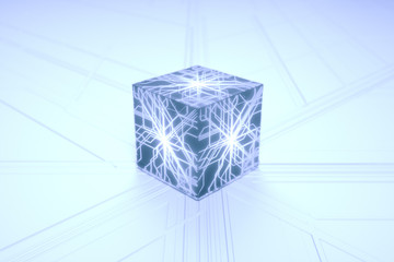 Poster - abstract black cube with blue glowing neon lines. connection system. futuristic processor. cyber tec