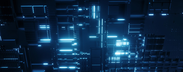 Abstract technology black background. Futuristic digital motherboard texture. Neon blue light