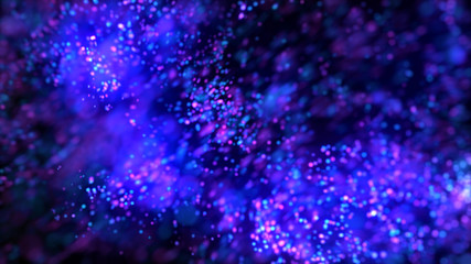 Wall Mural - Bright purple bokeh lights abstract background. Flying violet particles or dust. Vivid lightning. Merry christmas design. Blurred light dots. Can use as cover, banner, postcard, flyer.