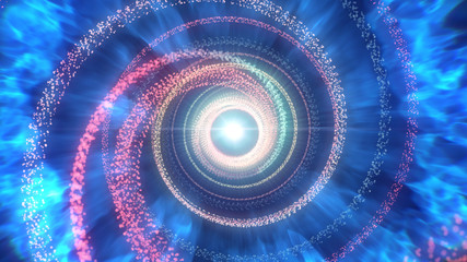 Poster - Abstract blue background. Red neon lights. Glowing tunnel. Bright vibrant dots. laser illumination.