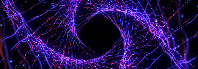 Poster - Abstract blue and red background. Neon lights. Glowing tunnel. Bright vibrant dots. laser illumination.