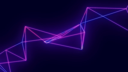 Fototapete - Neon futuristic wireframe surface. Triangula  glowing structure. Connected lines triangle technology construction. Wed design cover template. Abstract backround. Blue and violet colors