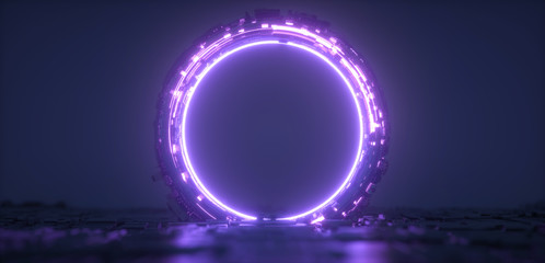 Poster - futuristic violet glowing neon round portal. sci fi metal construction.