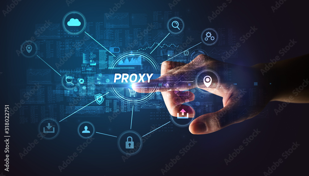 Hand touching PROXY inscription, Cybersecurity concept