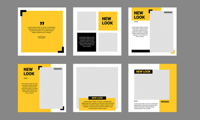 set of editable minimal square banner template. black and yellow background color with stripe line s
