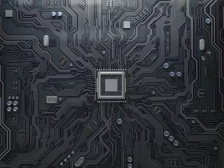 Poster - PU chip on circuit board. Black motherboard with central processor chip. Computer hardware tecnology.