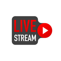 Live stream logo - red design element with play button for news and TV or online broadcasting.