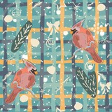 Seamless Winter Pattern with cute Cardinal Bird, Snowman and Spruce Tree. Vector Illustration.