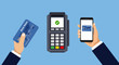 Vector pos terminal confirms the payment by smartphone or card. Mobile and contactless payment. Pay pass. Flat design of POS terminal usage concept.