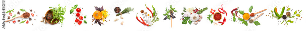 Different fresh spices, herbs and vegetables on white background - obrazy, fototapety, plakaty 