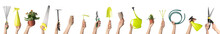 Female Hands With Different Gardening Supplies On White Background
