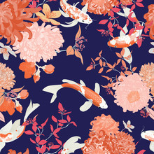 Koi Fish Pond Seamless Vector Pattern Chrysanthemum Wallpaper Design