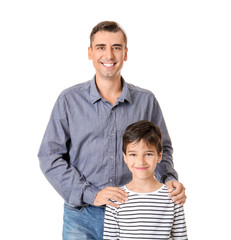 Wall Mural - Portrait of Muslim man with son on white background