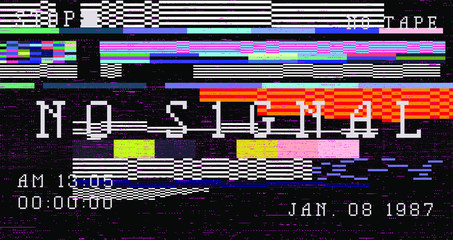 Aufkleber - Glitch camera effect. Retro VHS background like in old video tape rewind or no signal TV screen. Vaporwave/ retrowave style vector illustration.